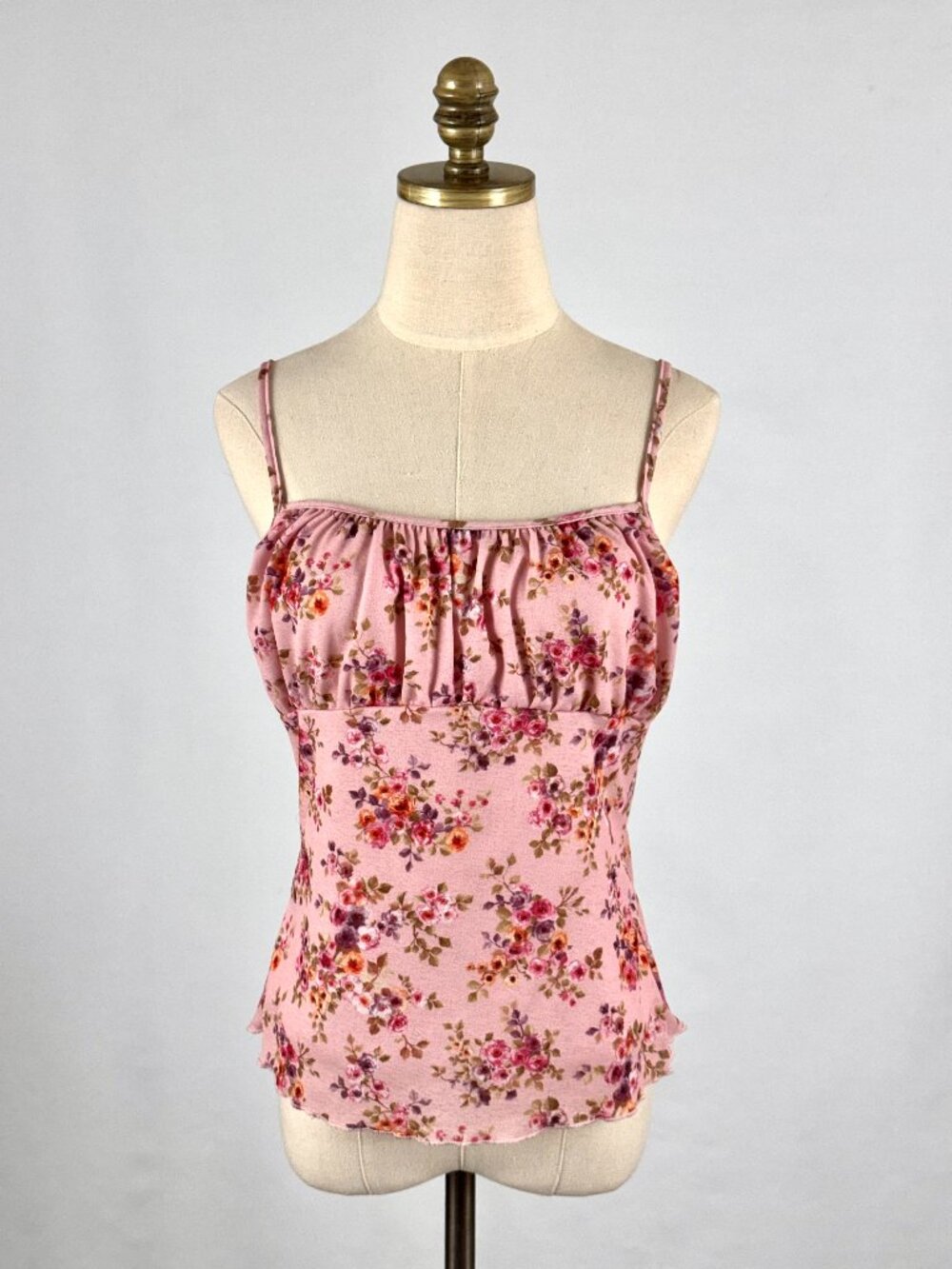 Vtg Y2K Self Esteem Pink Floral Babydoll Cami Top Ruched Coquette Fairy Pastel